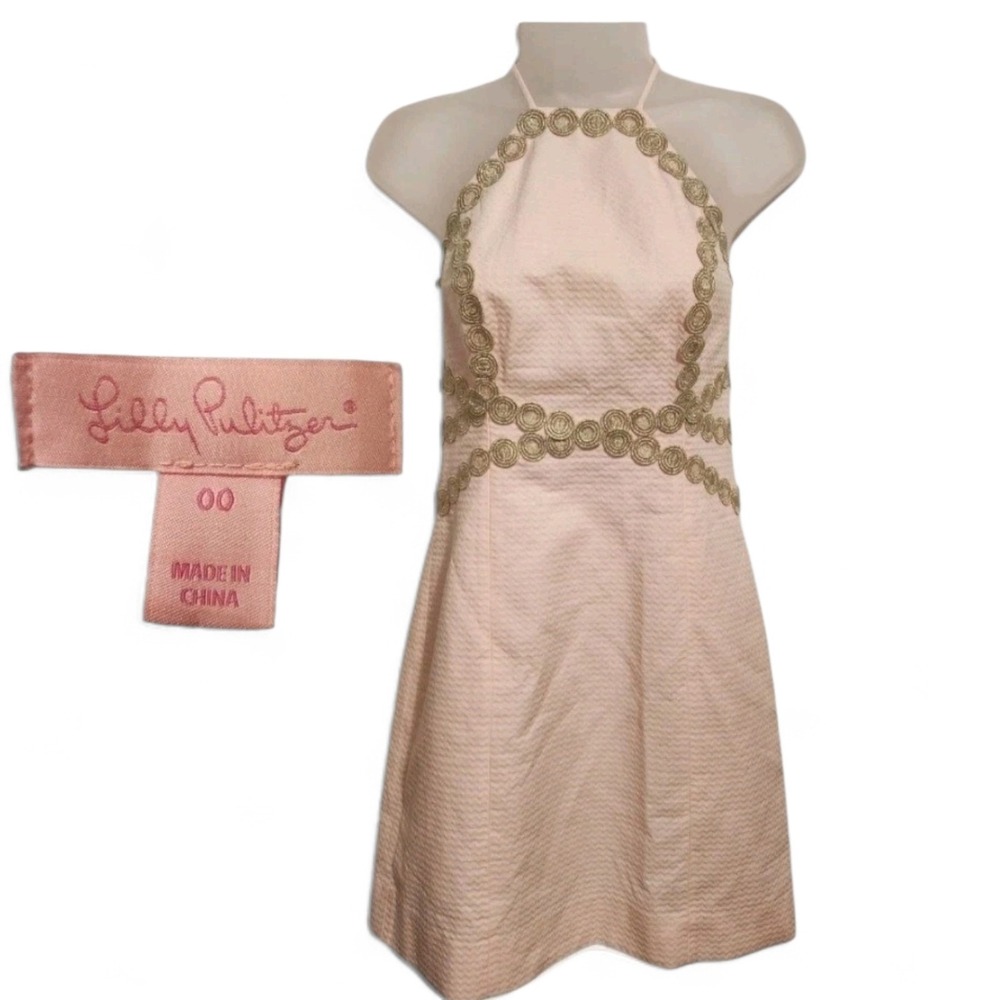 Lilly Pulitzer Pearl Shift Dress Pink Gold Trim Detail Halter Size 00 Mini